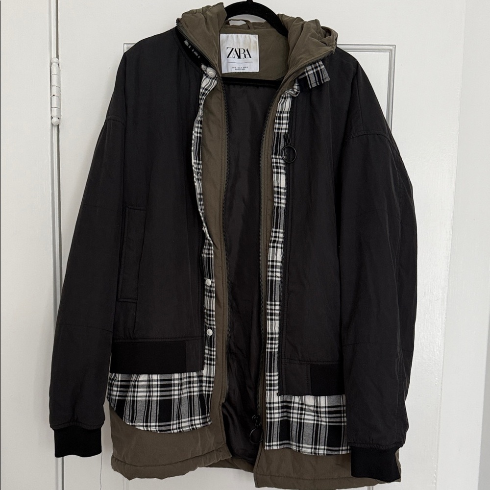 Zara Black and Olive plaid  Puffer Jacket with hoodie